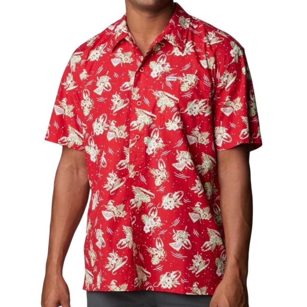 Columbia PFG Short Sleeve Fishing Shirt Mens XLTall Red Marlin Christmas Holiday